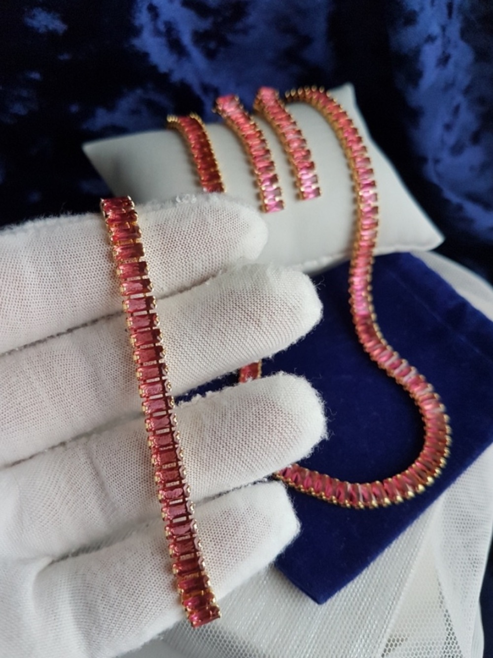 Swarovski Elements Gold Dark Pink Emerald-cut Baguette Tennis Bracelet NEW - Picture 5 of 9